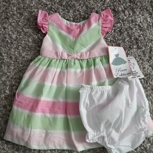 Rare Editions Pastel Striped Baby Dress with Bloomers 2 Pieces Set Size 18M NWT